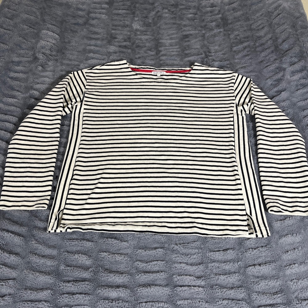Alex Mill Womens Large Striped Boat Neck Long Sleeve Cotton Tee Ivory Black